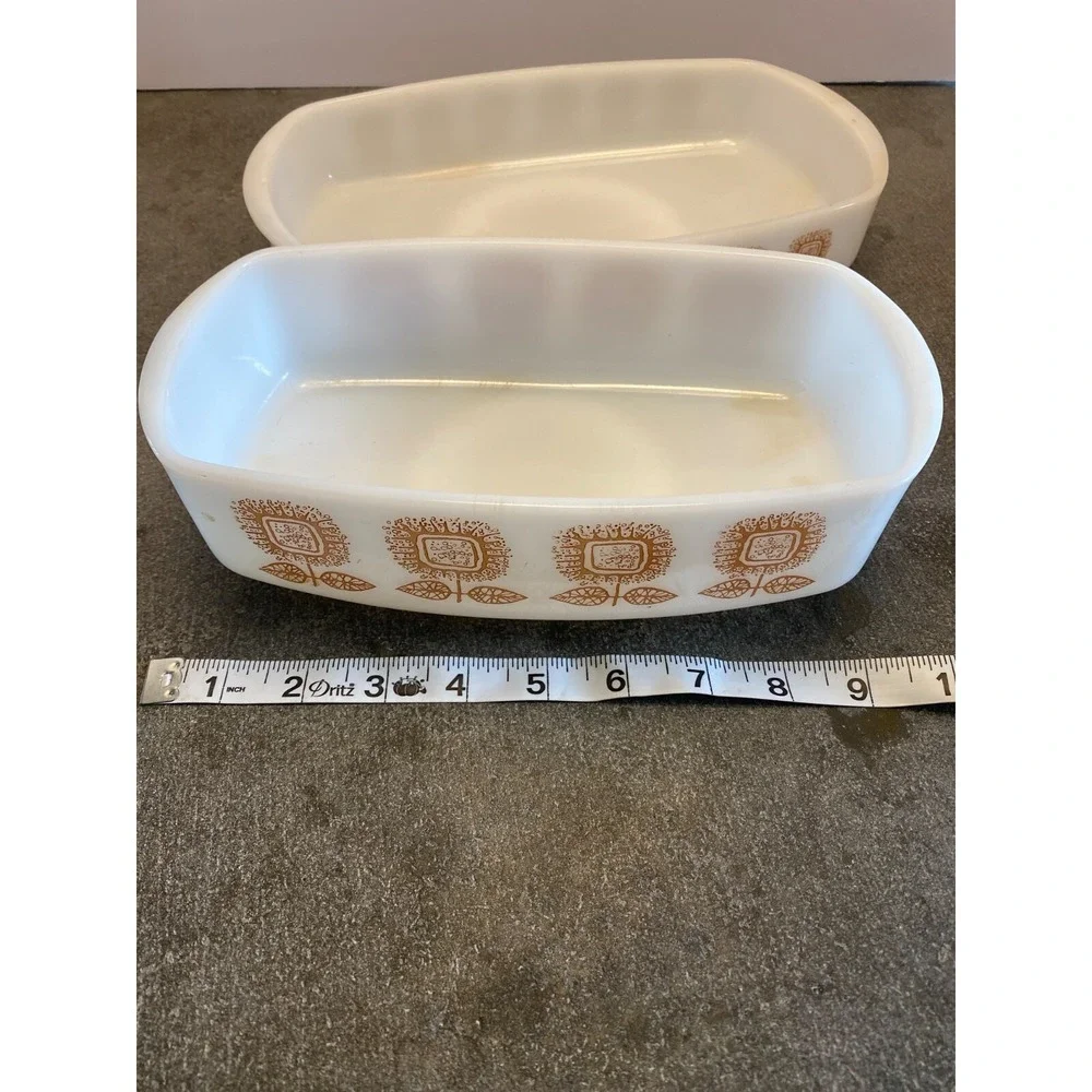 2 Vintage Federal Glass Baking Dish Loaf Pan White Connoisseur Brown Sunflowers